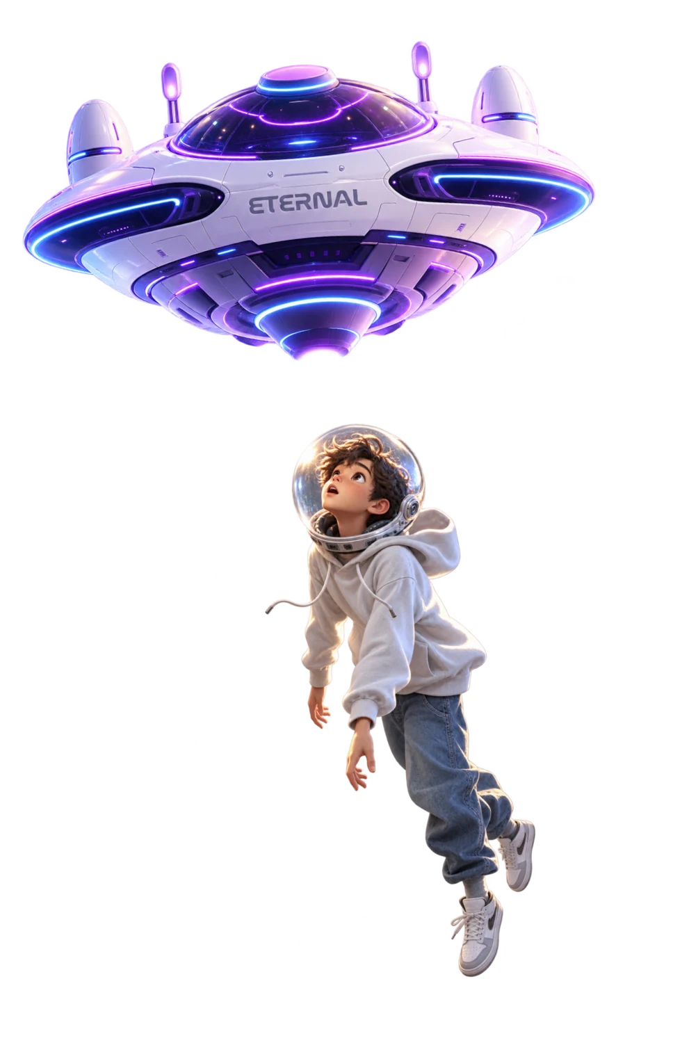 Nave ETERNAL guiando a un joven explorador hacia el universo