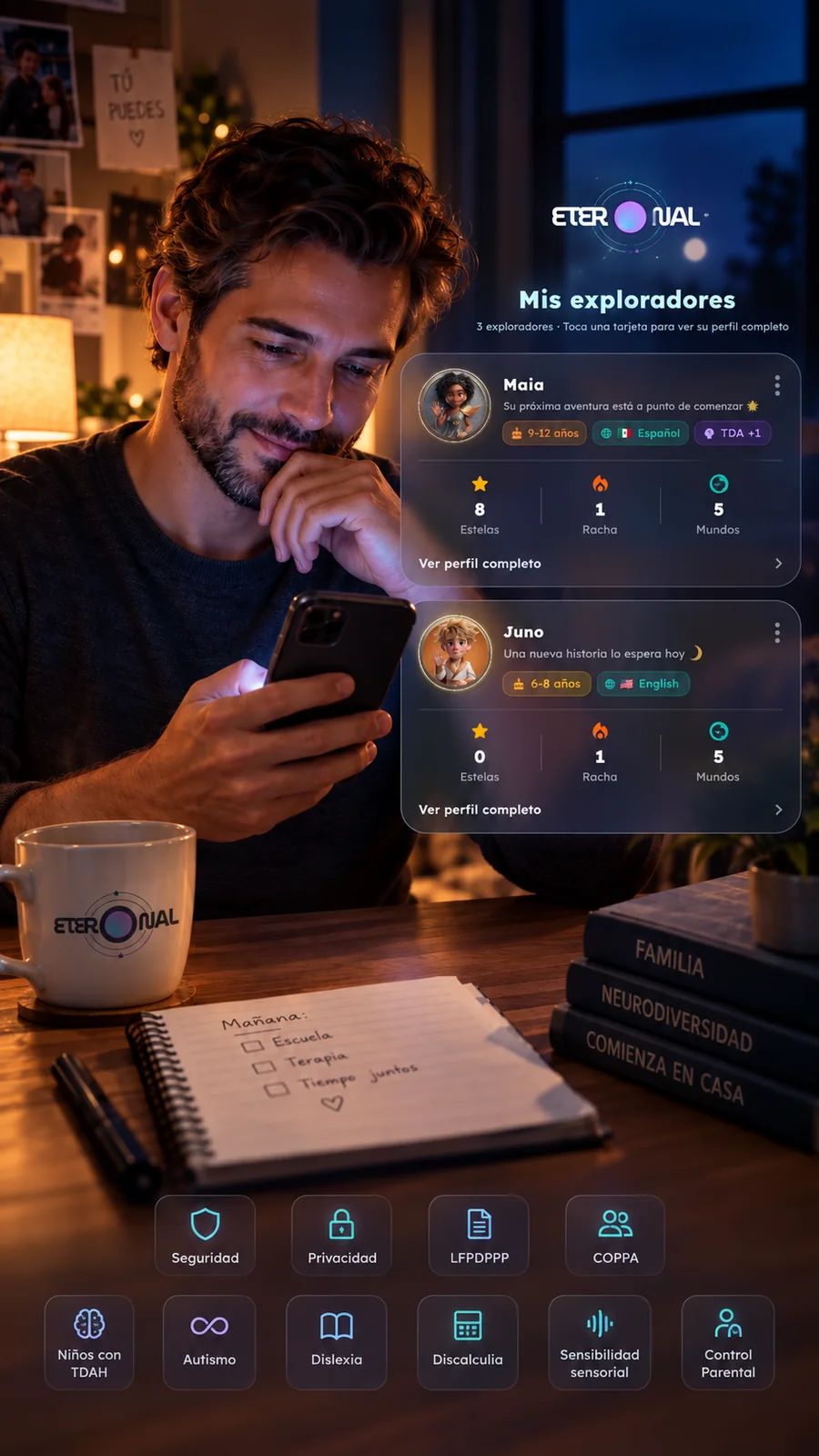 Padre revisando ETERNAL App mientras acompaña a sus exploradores