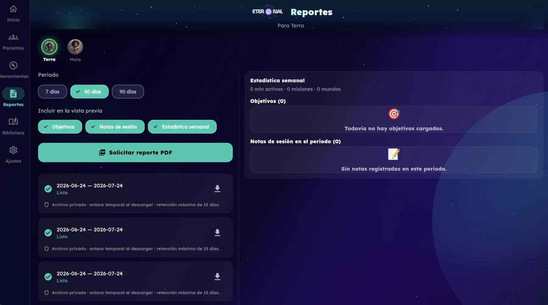 Reporte de progreso para terapeuta en ETERNAL